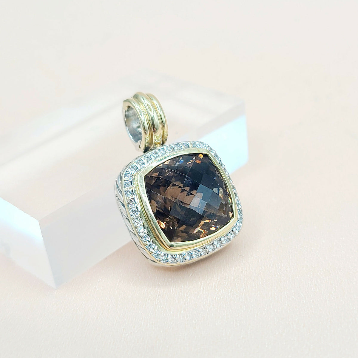  David Yurman Albion 14mm Smoky Quartz Silver & 18k Diamond Pendant Enhancer