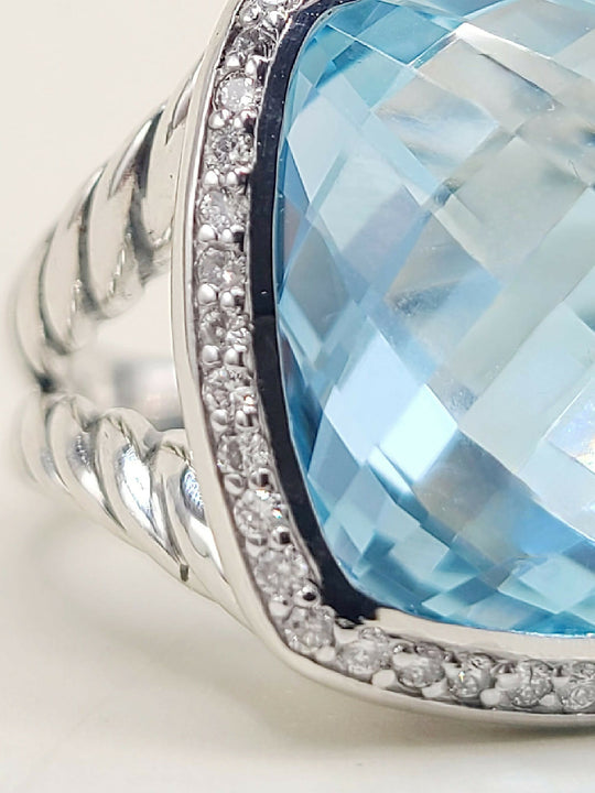 Close-up of a ring with a blue gemstone and silver band