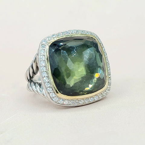  David Yurman Albion 17mm Green Orchid Silver Gold Diamond Ring
