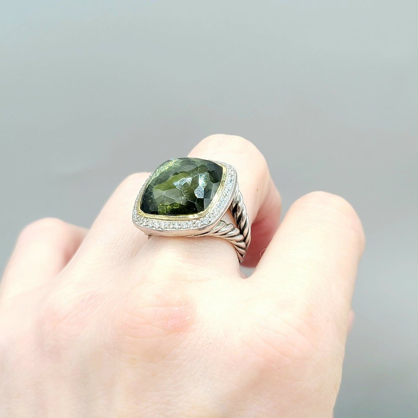  David Yurman Albion 17mm Green Orchid Silver Gold Diamond Ring