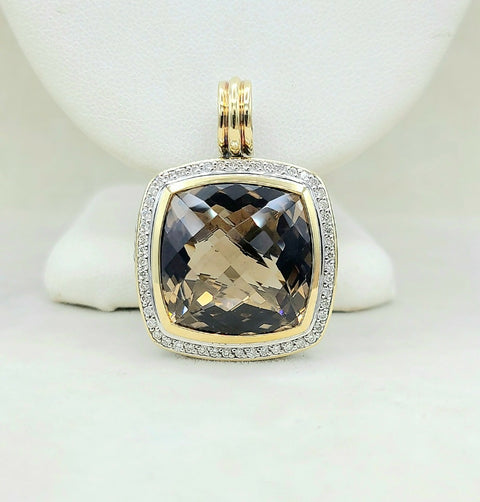  David Yurman Albion 20mm Smoky Quartz Silver Gold Diamond Pendant-Enhancer
