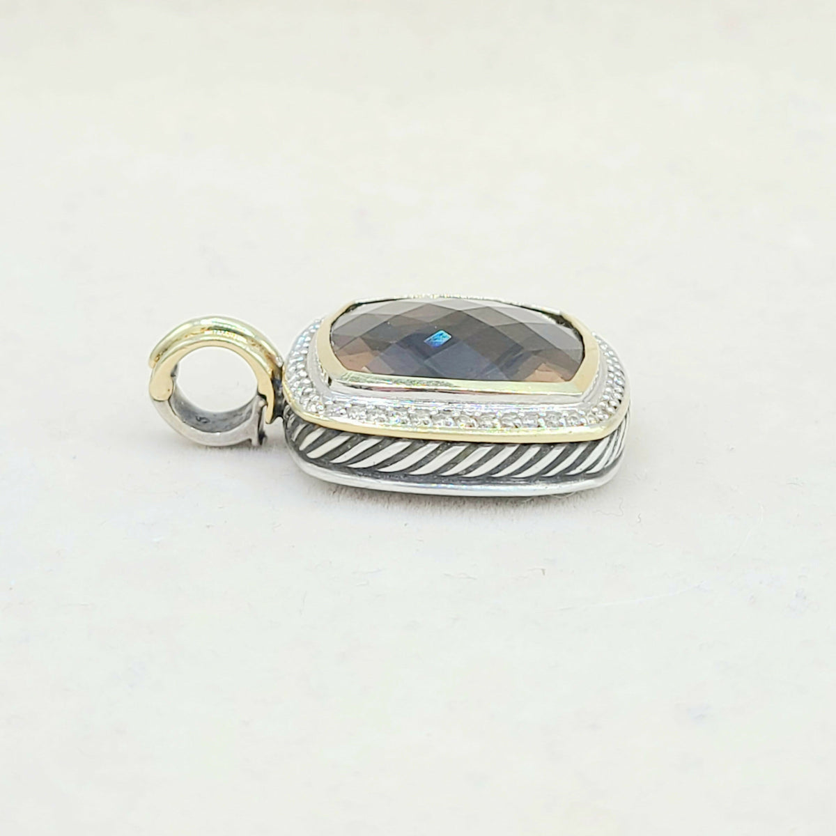  David Yurman Albion 20mm Smoky Quartz Silver Gold Diamond Pendant-Enhancer