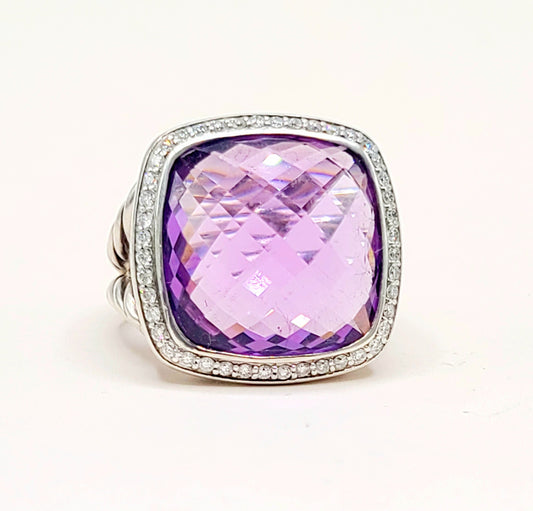 David Yurman Albion Amethyst Diamond Ring Sterling Silver 0.42 TCW Size 7.5