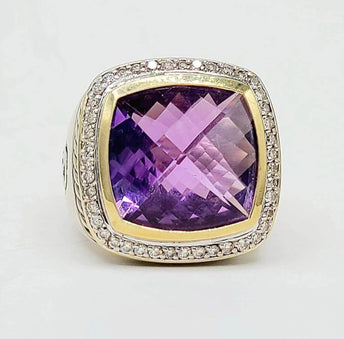 David Yurman Albion Amethyst Diamond Ring Sterling Silver 18K Gold 0.36 TCW Size 6