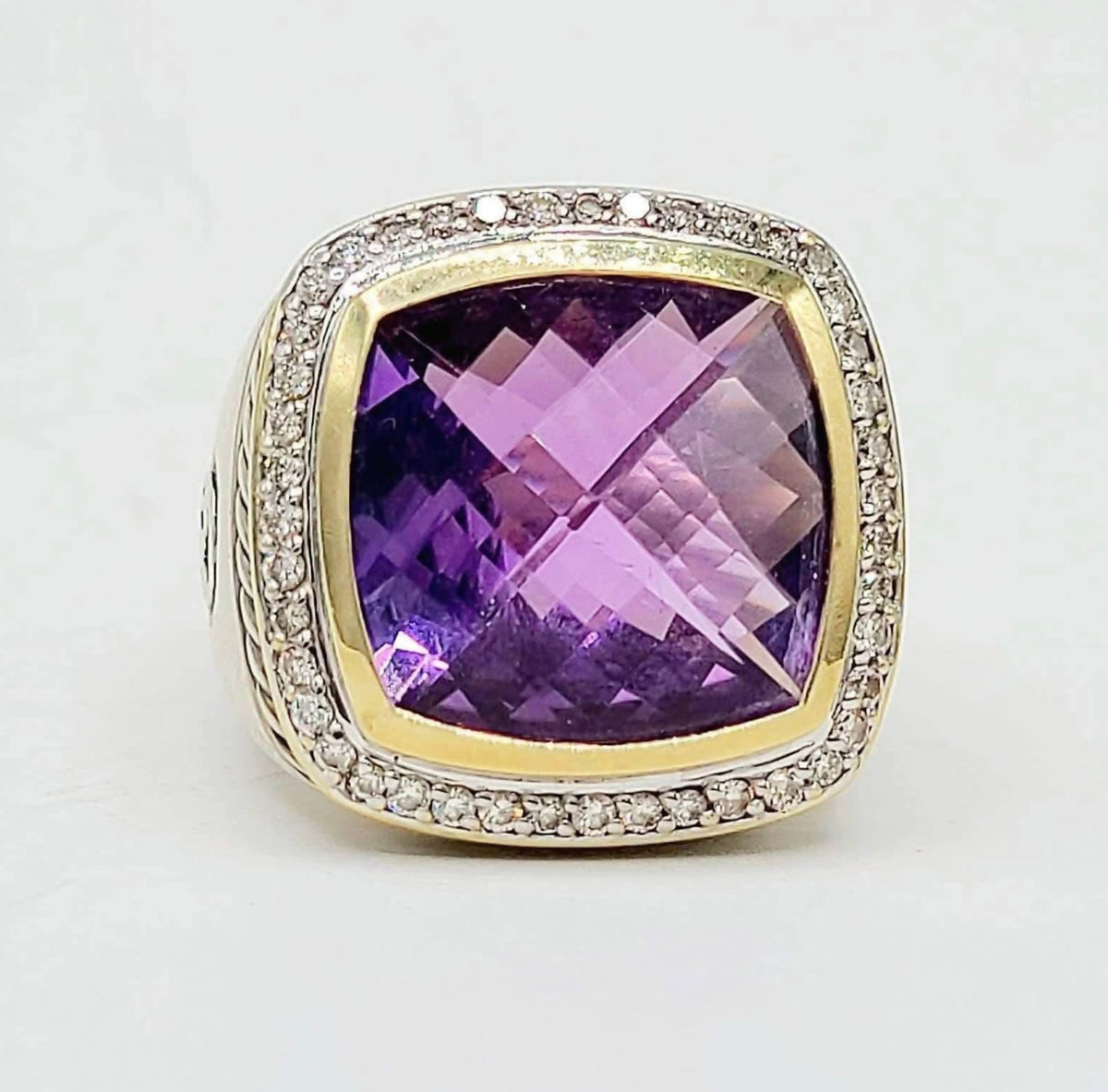 David Yurman Albion Amethyst Diamond Ring Sterling Silver 18K Gold 0.36 TCW Size 6