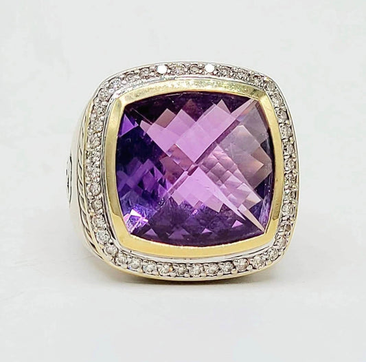 David Yurman Albion Amethyst Diamond Ring Sterling Silver 18K Gold 0.36 TCW Size 6