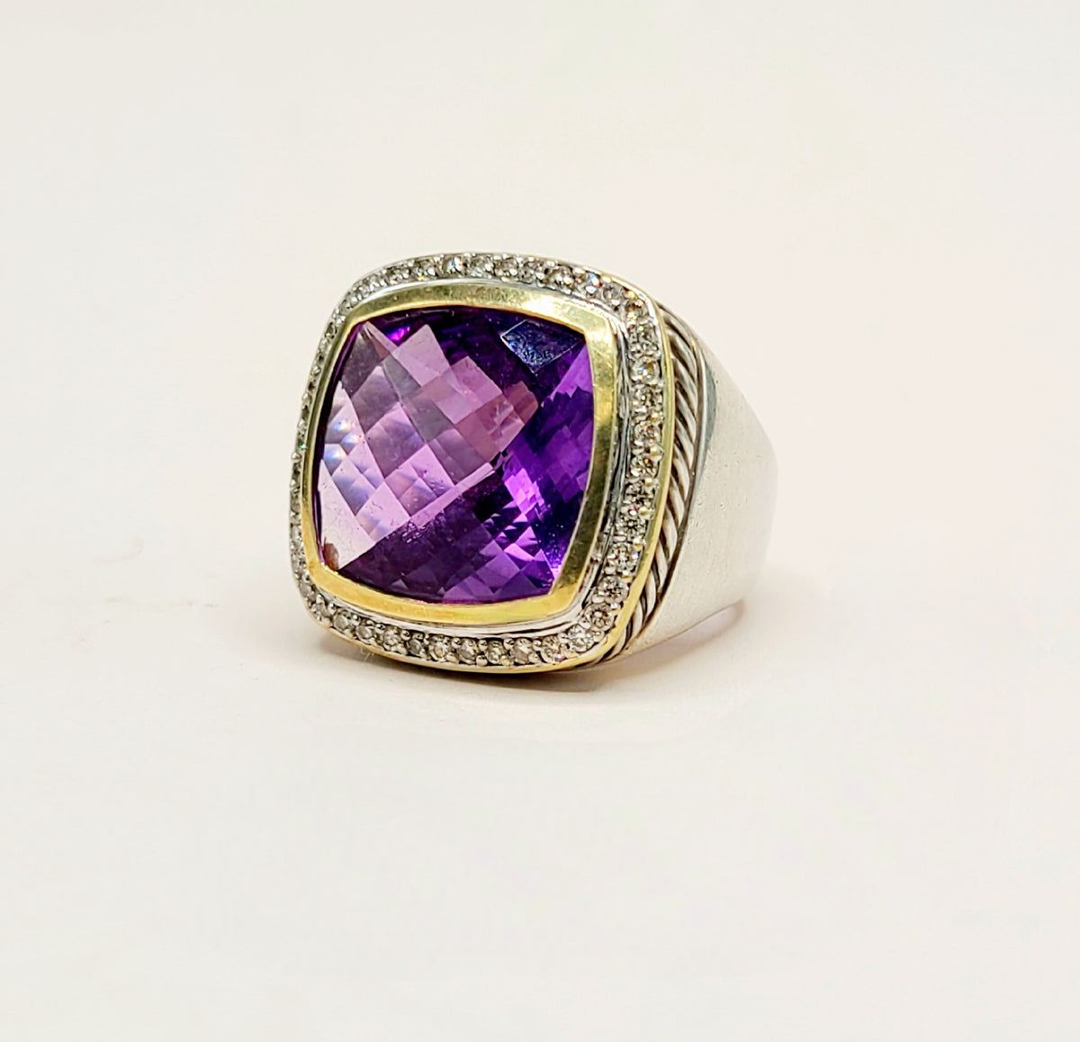 David Yurman Albion Amethyst Diamond Ring Sterling Silver 18K Gold 0.36 TCW Size 6
