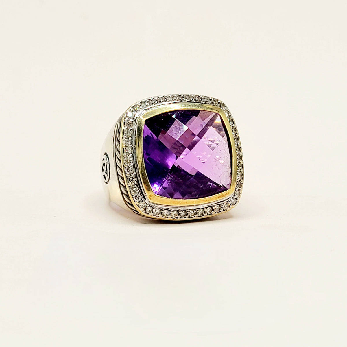David Yurman Albion Amethyst Diamond Ring Sterling Silver 18K Gold 0.36 TCW Size 6
