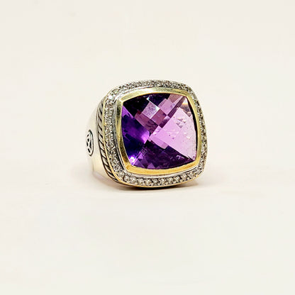 David Yurman Albion Amethyst Diamond Ring Sterling Silver 18K Gold 0.36 TCW Size 6