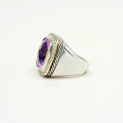 David Yurman Albion Amethyst Diamond Ring Sterling Silver 18K Gold 0.36 TCW Size 6