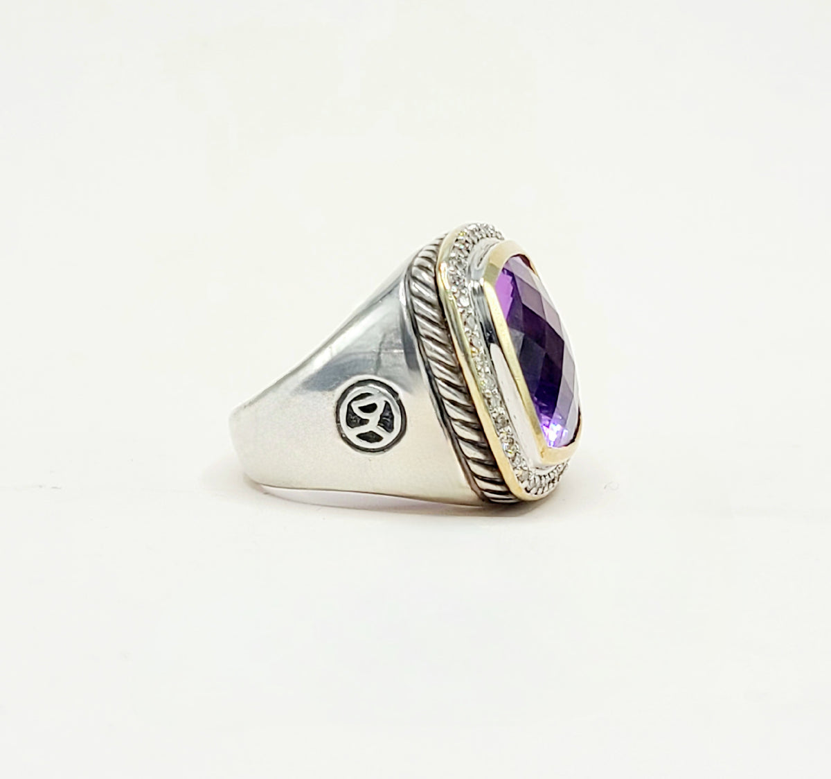 David Yurman Albion Amethyst Diamond Ring Sterling Silver 18K Gold 0.36 TCW Size 6