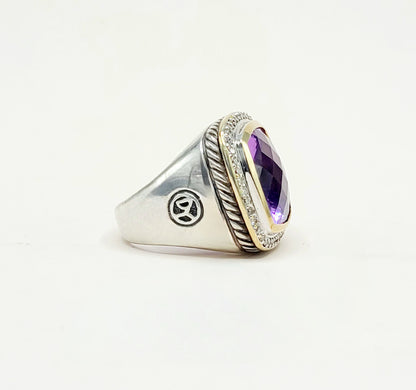 David Yurman Albion Amethyst Diamond Ring Sterling Silver 18K Gold 0.36 TCW Size 6