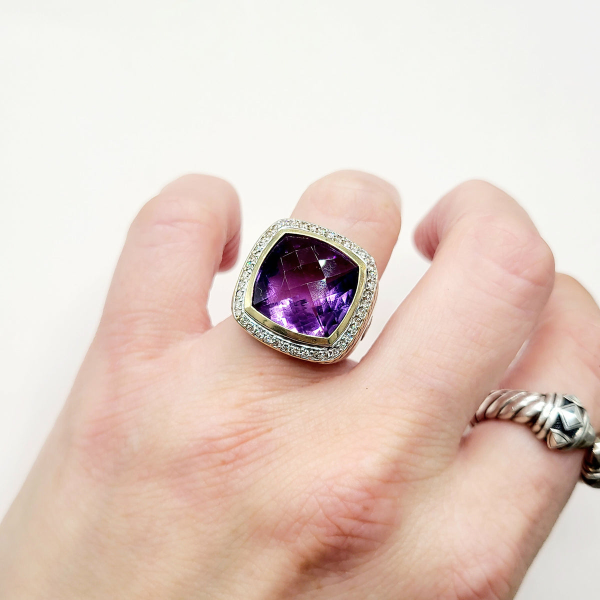 David Yurman Albion Amethyst Diamond Ring Sterling Silver 18K Gold 0.36 TCW Size 6