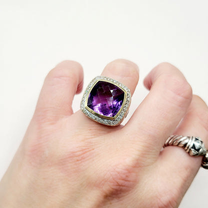 David Yurman Albion Amethyst Diamond Ring Sterling Silver 18K Gold 0.36 TCW Size 6