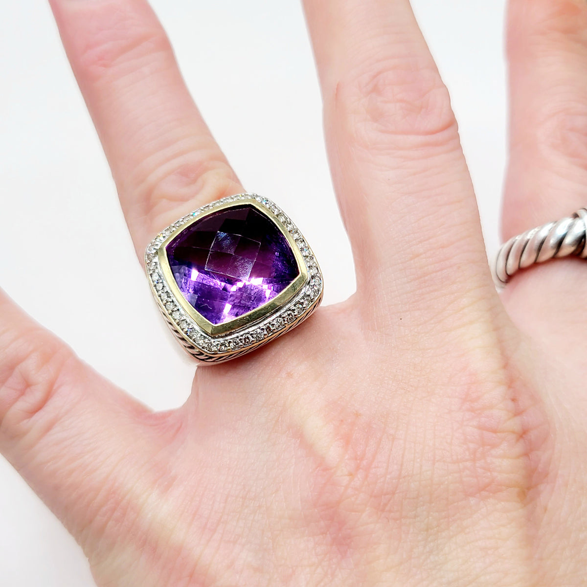 David Yurman Albion Amethyst Diamond Ring Sterling Silver 18K Gold 0.36 TCW Size 6