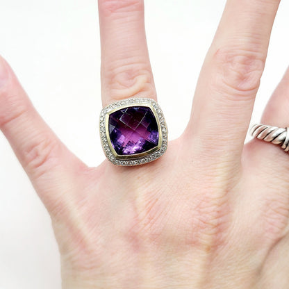 David Yurman Albion Amethyst Diamond Ring Sterling Silver 18K Gold 0.36 TCW Size 6