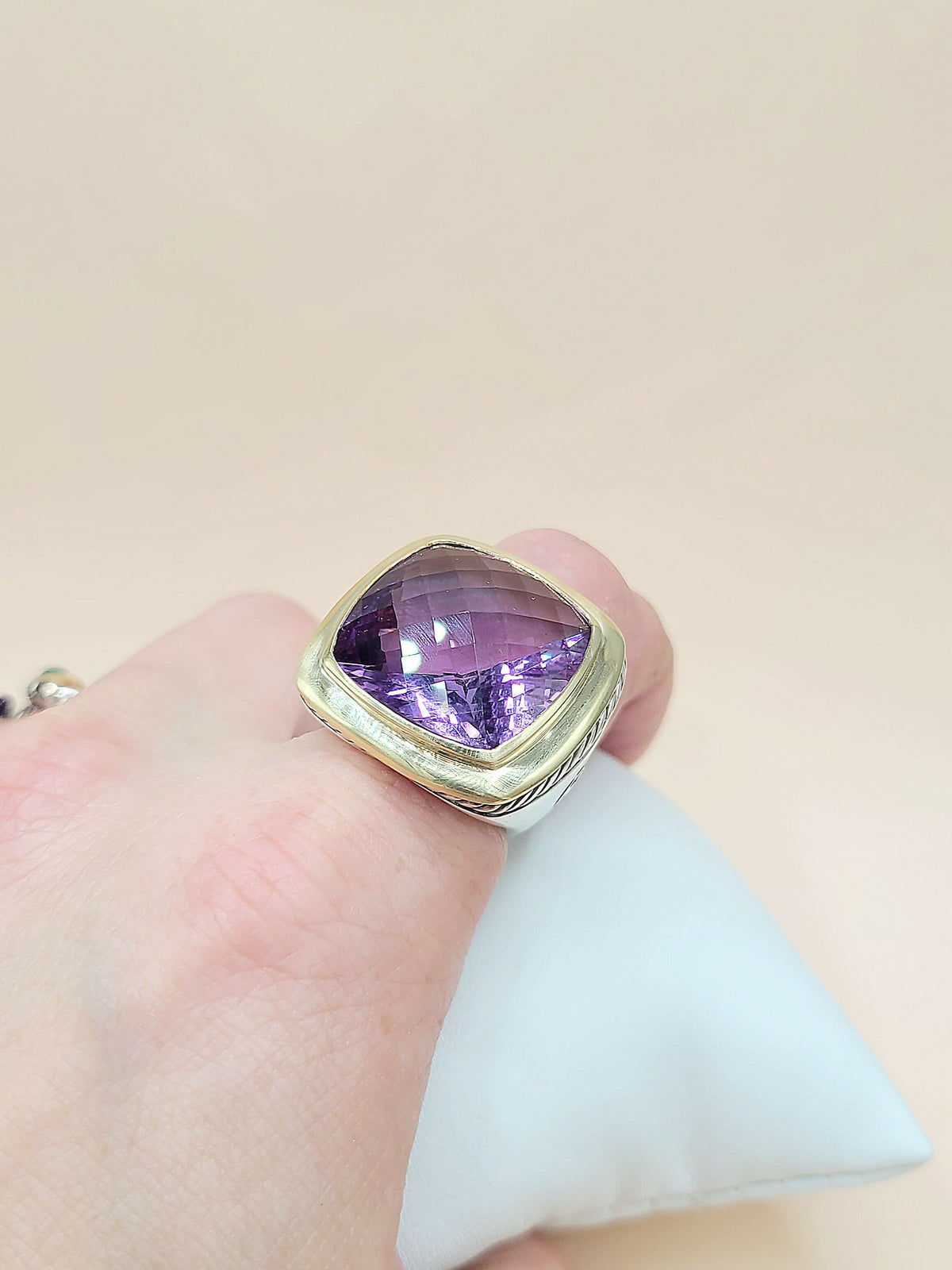 David Yurman Albion Amethyst Ring Sterling Silver 18K Gold 20mm on finger