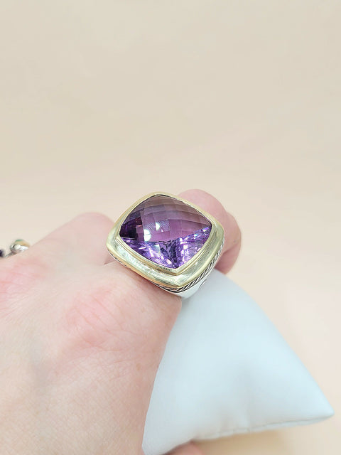 David Yurman Albion Amethyst Ring Sterling Silver 18K Gold 20mm on finger
