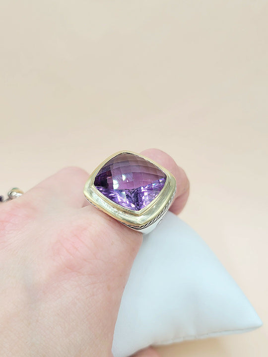 David Yurman Albion Amethyst Ring Sterling Silver 18K Gold 20mm on finger