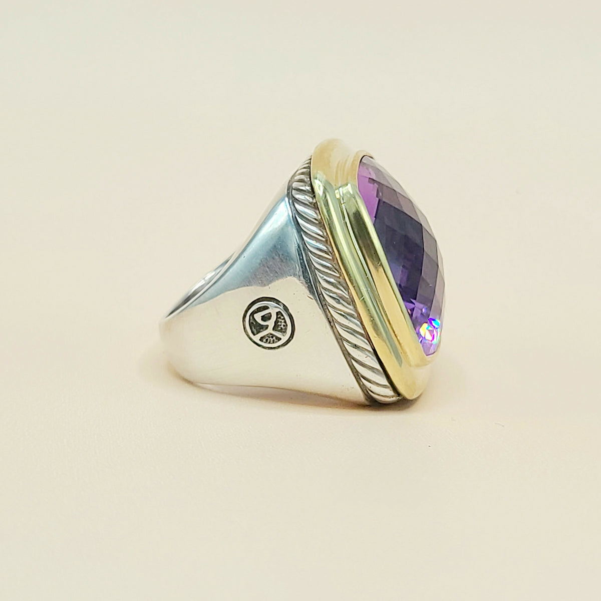 hallmark if David Yurman Albion Amethyst Ring Sterling Silver 18K Gold 20mm
