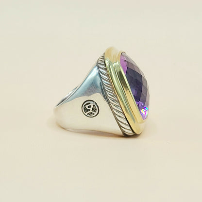 hallmark if David Yurman Albion Amethyst Ring Sterling Silver 18K Gold 20mm