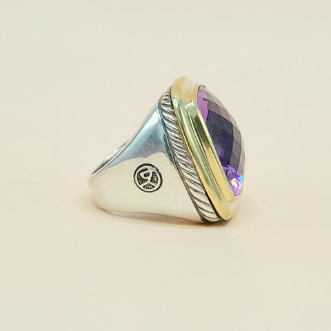 hallmark if David Yurman Albion Amethyst Ring Sterling Silver 18K Gold 20mm