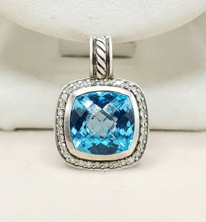 David Yurman Albion Blue Topaz Diamond Pendant Sterling Silver 0.23 TCW