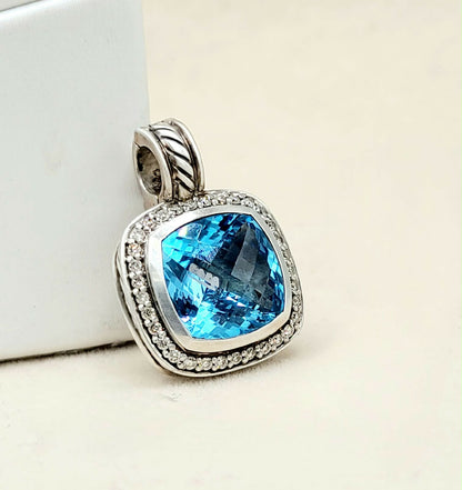 David Yurman Albion Blue Topaz Diamond Pendant Sterling Silver 0.23 TCW