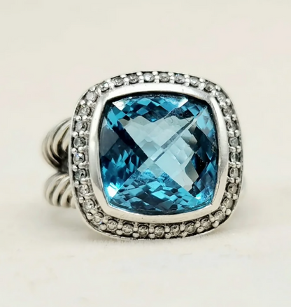 David Yurman Albion Blue Topaz Diamond Ring Sterling Silver 0.24 TCW Size 6