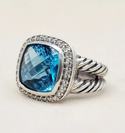 David Yurman Albion Blue Topaz Diamond Ring Sterling Silver 0.24 TCW Size 6