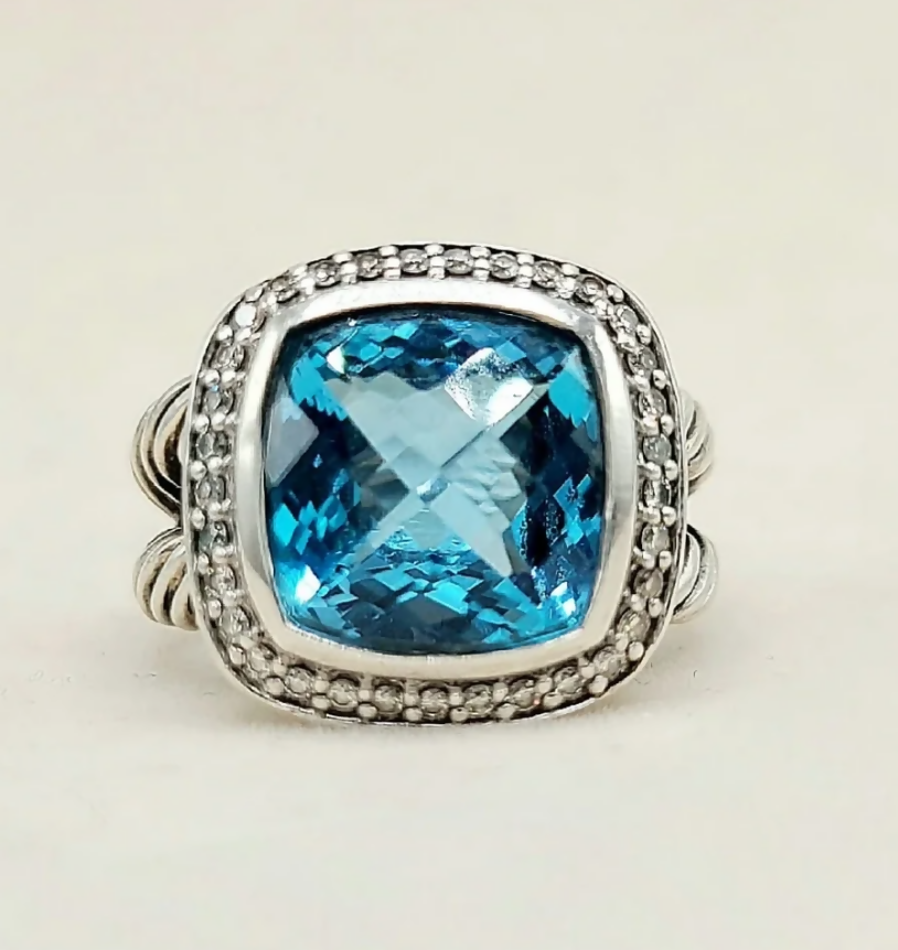 David Yurman Albion Blue Topaz Diamond Ring Sterling Silver 0.24 TCW Size 6