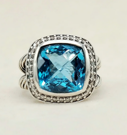 David Yurman Albion Blue Topaz Diamond Ring Sterling Silver 0.24 TCW Size 6