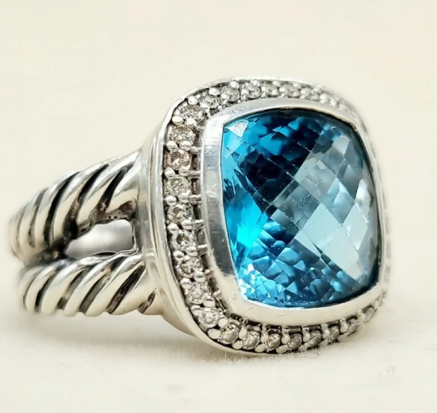 David Yurman Albion Blue Topaz Diamond Ring Sterling Silver 0.24 TCW Size 6