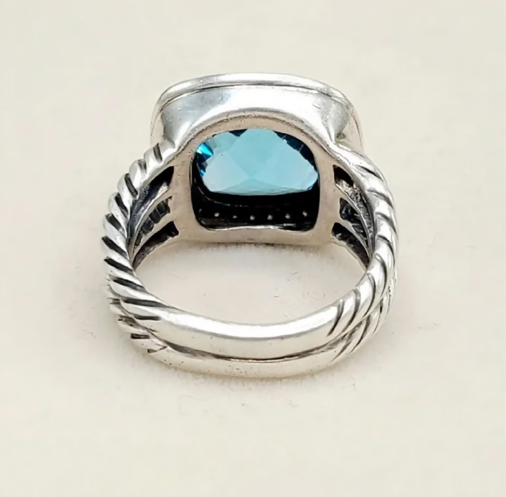 back view David Yurman Albion Blue Topaz Diamond Ring Sterling Silver 0.24 TCW Size 6