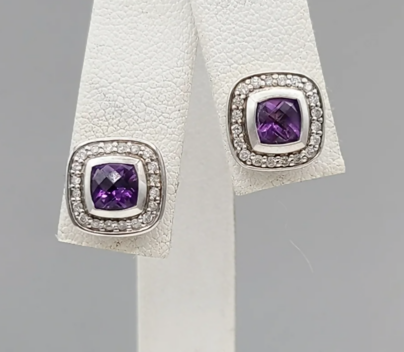 David Yurman Albion Petite Amethyst Diamond Stud Earrings Sterling Silver 0.17 TCW 10mm