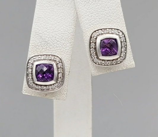 David Yurman Albion Petite Amethyst Diamond Stud Earrings Sterling Silver 0.17 TCW 10mm