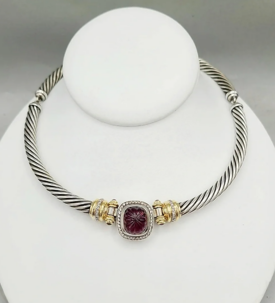 David Yurman Albion Pink Tourmaline Diamond Cable Choker Necklace Sterling Silver 18K Gold 1.00 TCW