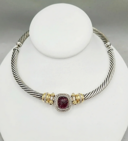David Yurman Albion Pink Tourmaline Diamond Cable Choker Necklace Sterling Silver 18K Gold 1.00 TCW