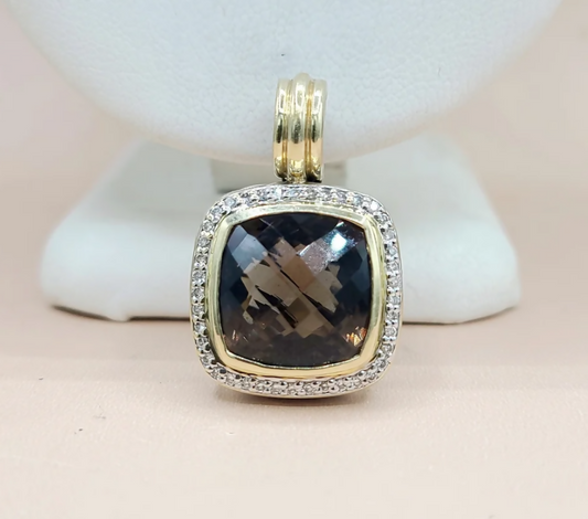 David Yurman Albion Smoky Quartz Diamond Pendant Enhancer Sterling Silver 18K Gold 0.32 TCW 19mm