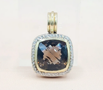 David Yurman Albion Smoky Quartz Diamond Pendant Enhancer Sterling Silver 18K Gold 0.32 TCW 19mm