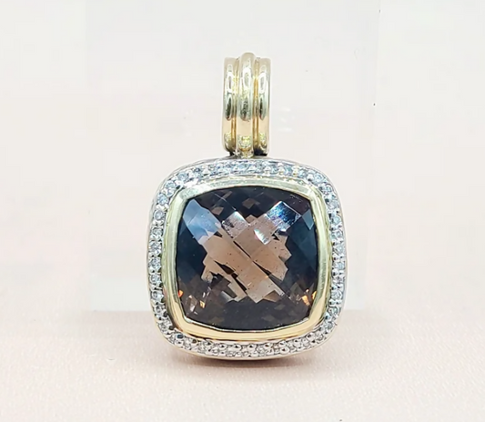 David Yurman Albion Smoky Quartz Diamond Pendant Enhancer Sterling Silver 18K Gold 0.32 TCW 19mm