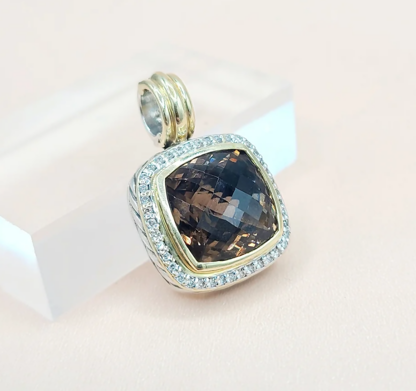 David Yurman Albion Smoky Quartz Diamond Pendant Enhancer Sterling Silver 18K Gold 0.32 TCW 19mm