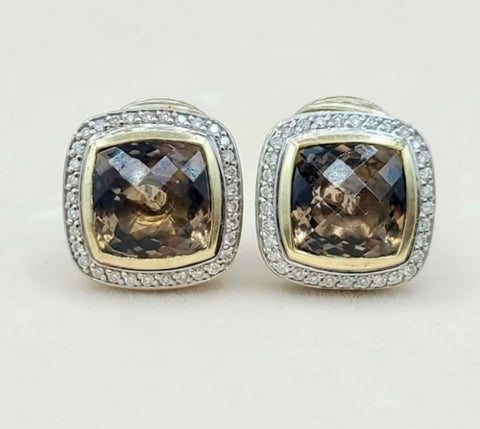  David Yurman Albion Smoky Quartz Silver Gold Diamond Earrings, 11mm
