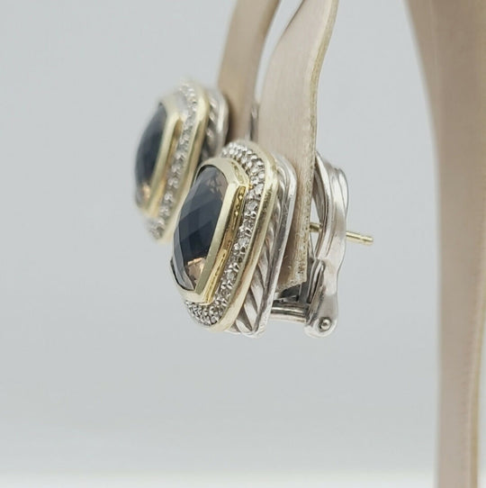  David Yurman Albion Smoky Quartz Silver Gold Diamond Earrings, 11mm