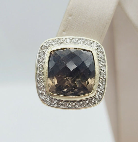  David Yurman Albion Smoky Quartz Silver Gold Diamond Earrings, 11mm