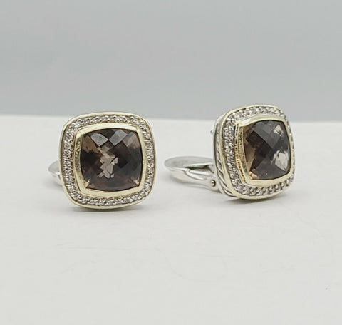  David Yurman Albion Smoky Quartz Silver Gold Diamond Earrings, 11mm