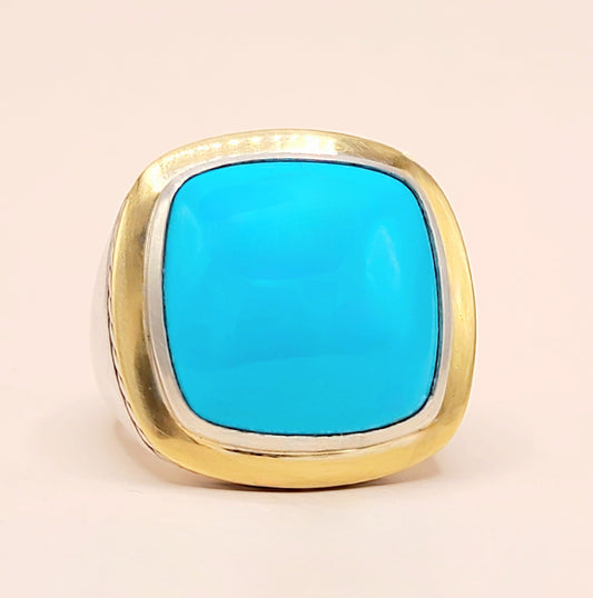 David Yurman Albion Turquoise Statement Ring Sterling Silver 18K Gold 18mm Size 7.5