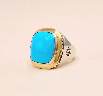 David Yurman Albion Turquoise Statement Ring Sterling Silver 18K Gold 18mm Size 7.5