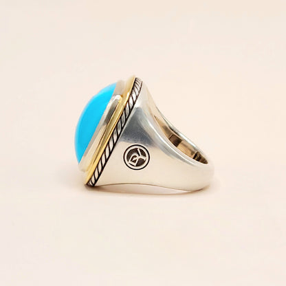 David Yurman Albion Turquoise Statement Ring Sterling Silver 18K Gold 18mm Size 7.5