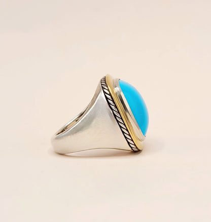 David Yurman Albion Turquoise Statement Ring Sterling Silver 18K Gold 18mm Size 7.5